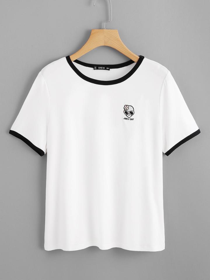 Romwe Graphic Embroidery Ringer Tee