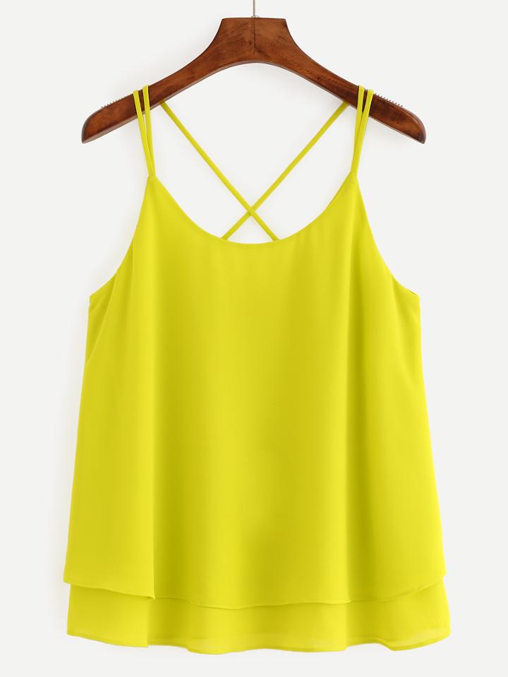 Romwe Crisscross Layered Chiffon Cami Top - Yellow
