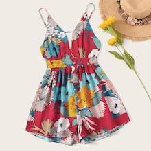 Romwe Large Floral Plunging Neck Cami Romper