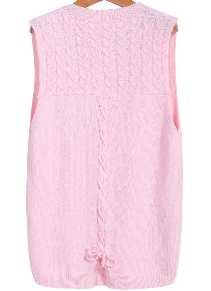 Romwe Sleeveless Bandage Knit Pink Sweater