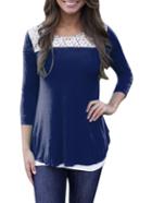 Romwe Navy Cut Out Backless Lace Insert T-shirts