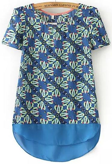Romwe Blue Short Sleeve Floral Dip Hem Blouse