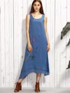 Romwe Blue Blossom Branch Print Layered Asymmetric Dress