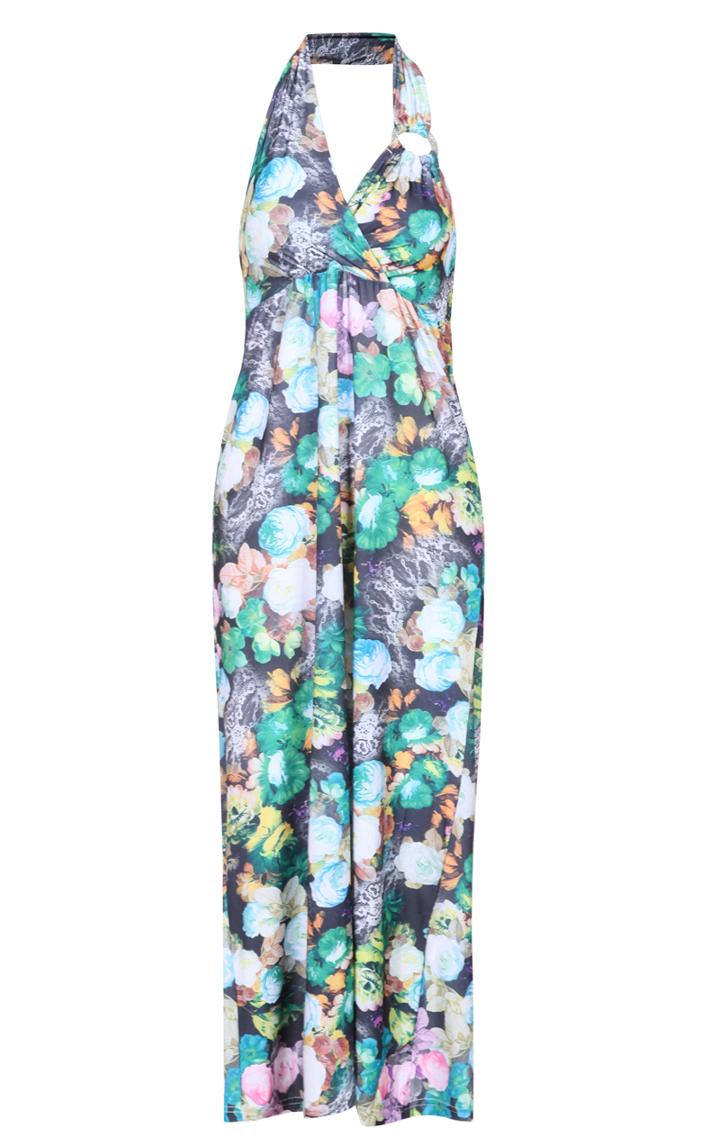 Romwe Halter Floral Maxi Green Dress