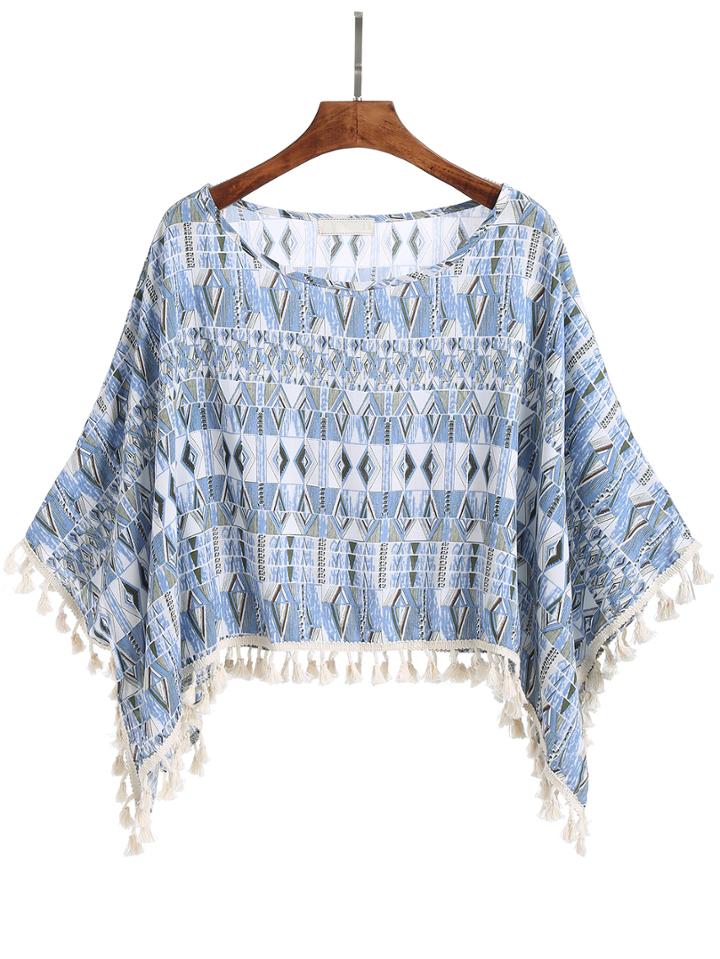 Romwe Geometric Print Tassel Blouse