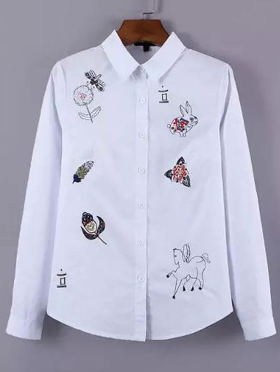 Romwe Embroidered White Blouse With Buttons