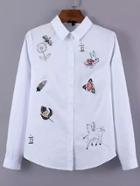 Romwe Embroidered White Blouse With Buttons