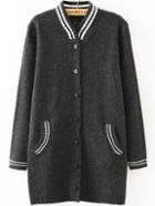 Romwe Striped-collar With Buttons Dark Grey Cardigan