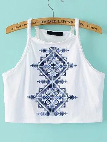 Romwe White Embroidery Cami Top