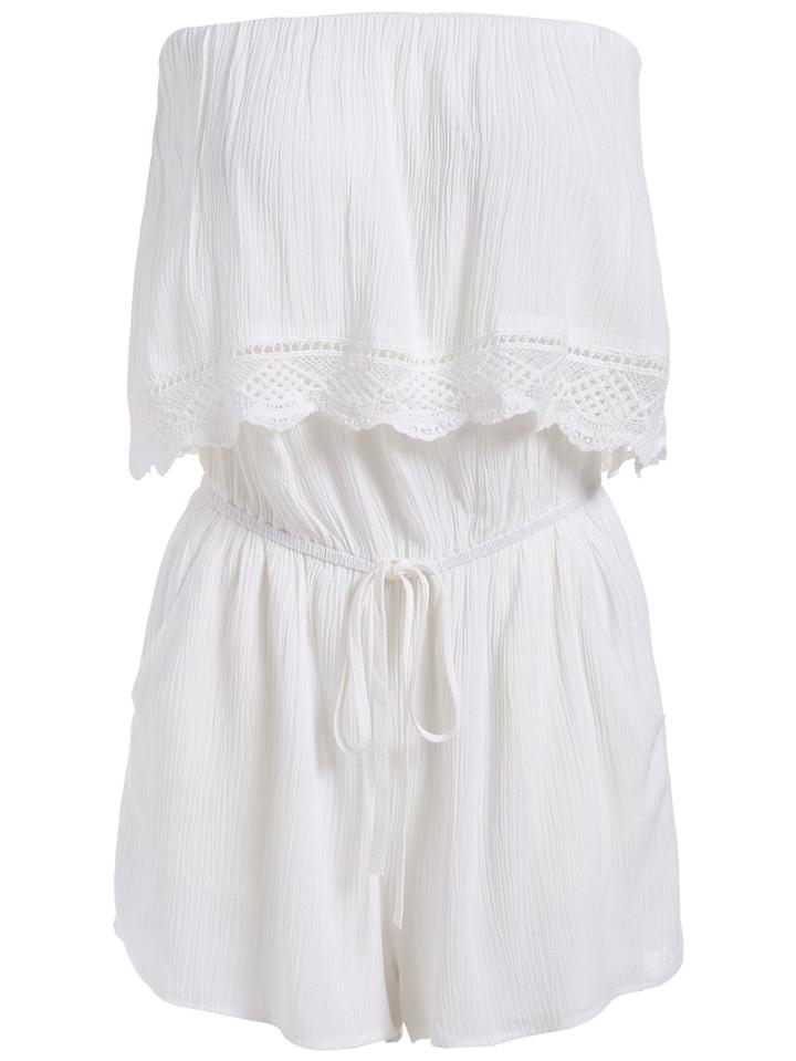 Romwe Strapless Lace Insert Drawstring White Jumpsuit