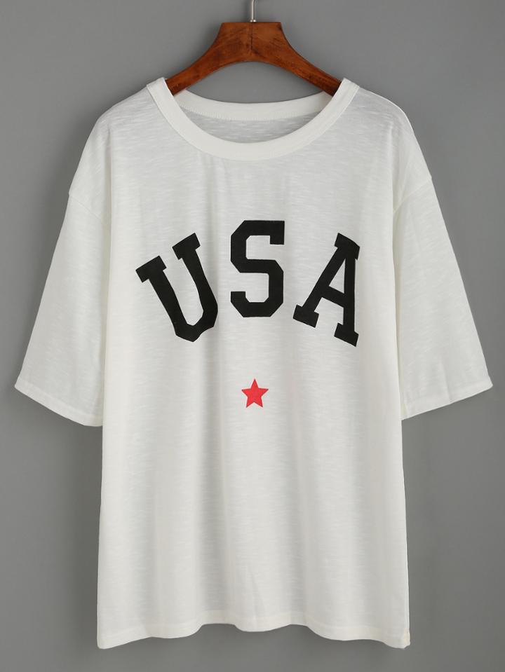 Romwe White Letter Print Drop Shoulder T-shirt