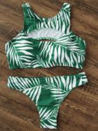 Romwe Green Leaf Print Cutout Detail Bikini Set