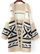 Romwe Khaki Tribal Pattern Drop Shoulder Long Sweater Coat