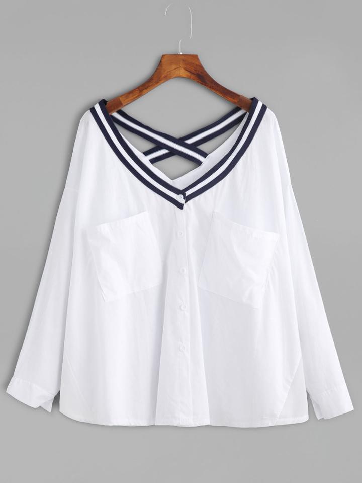 Romwe Contrast Trim V Neck Criss Cross Back Pockets Top