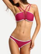 Romwe Contrast Trim Ladder-cutout Bikini Set - Hot Pink