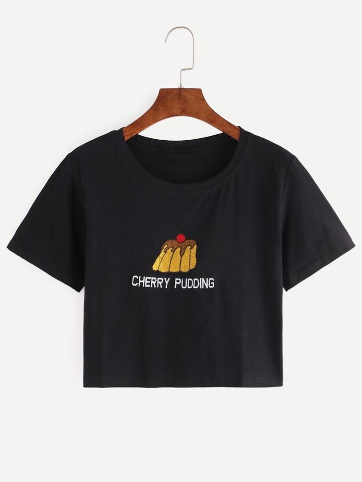 Romwe Cherry Pudding Embroidered Crop T-shirt - Black