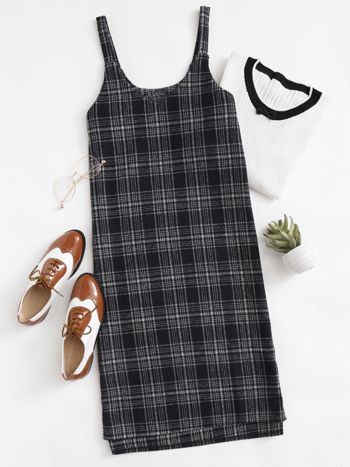 Romwe V Neckline Plaid Pinafore Dress