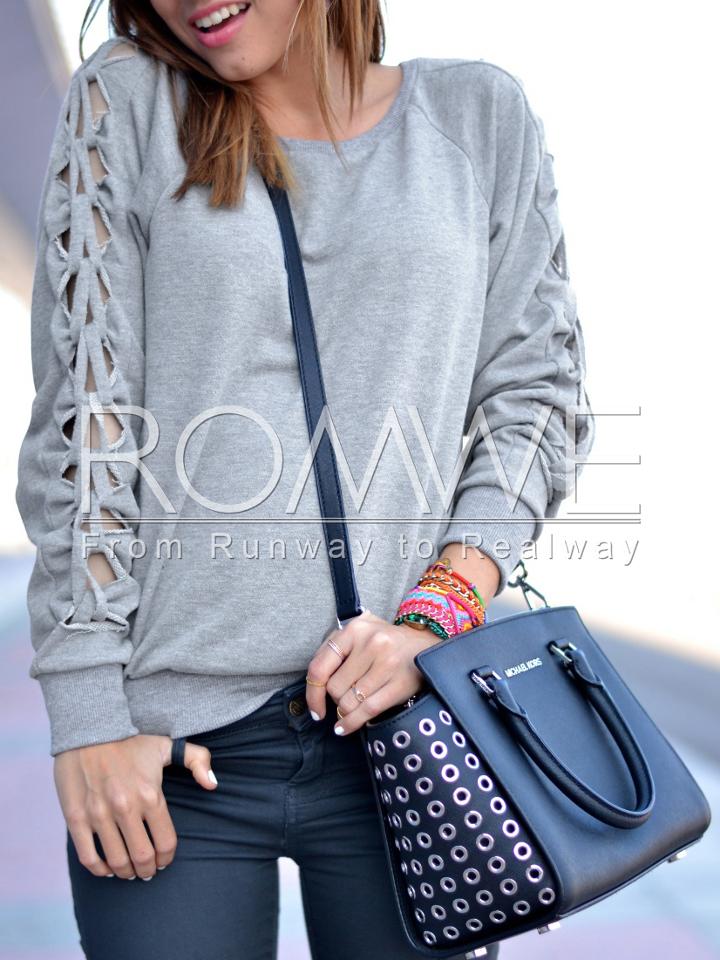 Romwe Grey Long Sleeve Hollow Sweatshirt