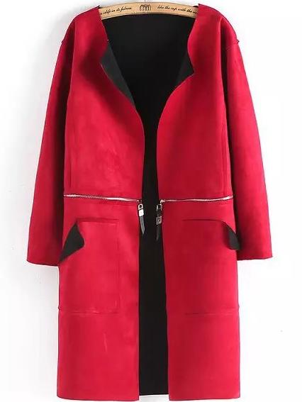 Romwe Zipper Pockets Red Coat