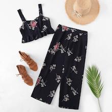 Romwe Plus Ruffle Hem Floral Crop Top With Pants
