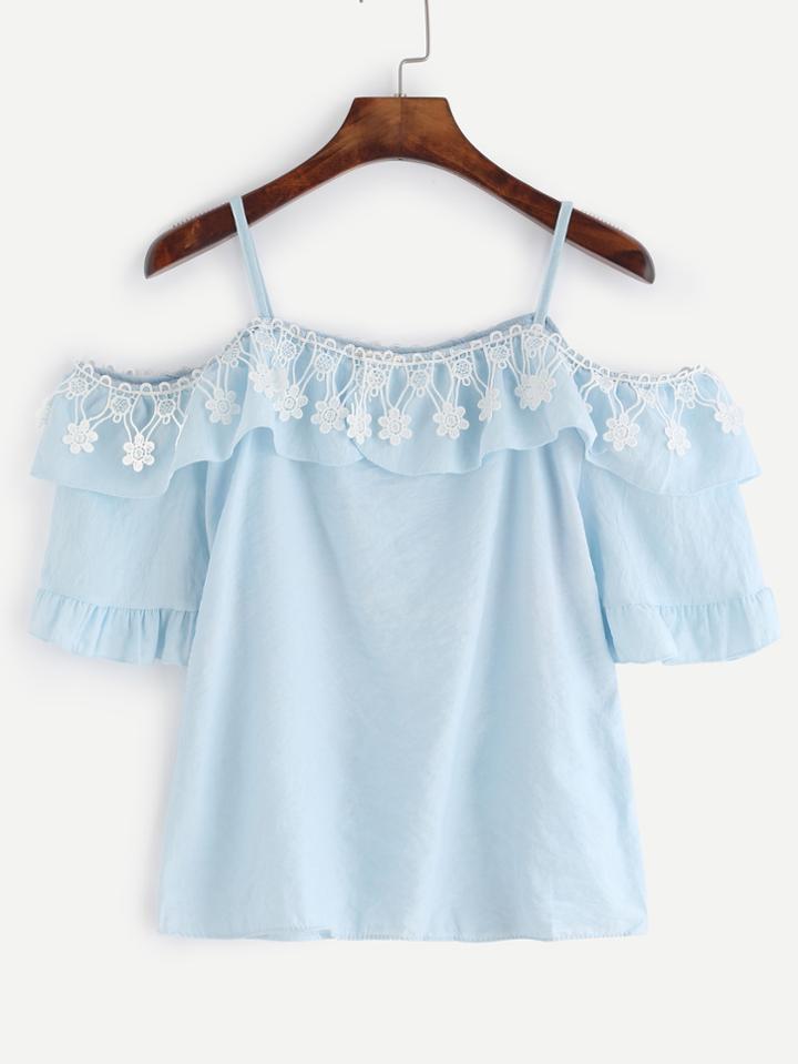 Romwe Blue Lace Trim Ruffle Cold Shoulder Top