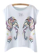 Romwe White Sleeveless Elephant Print T-shirt