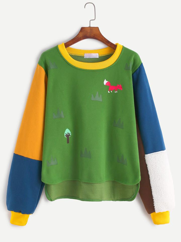 Romwe Patchwork Cartoon Print Dip Hem Sweatshirt