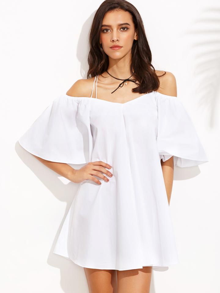 Romwe White Crisscross Cold Shoulder Bell Sleeve Dress