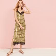 Romwe Plaid Print Contrast Lace Cami Dress