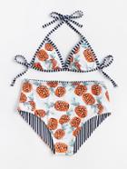 Romwe Striped And Pineapple Print Self Tie Bikini Set