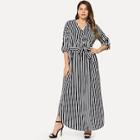 Romwe Plus Striped V Neck Dress