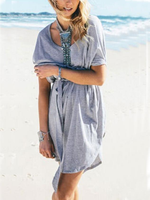 Romwe Grey Self-tie Bat Sleeve Tunic Dress