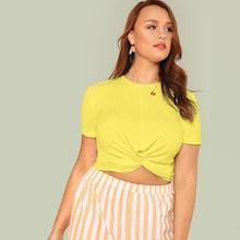 Romwe Plus Neon Yellow Twist Front Rib-knit Tee