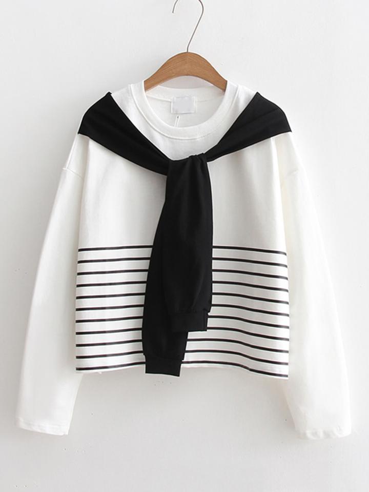 Romwe Striped Print Tie Sleeve Sweatshirt