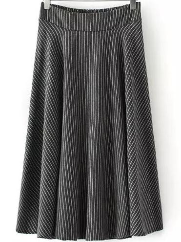 Romwe Elastic Waist Vertical Striped Pleated Grey Skirt