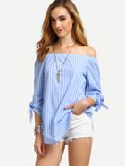 Romwe Blue Striped Off The Shoulder Tie Cuff Blouse