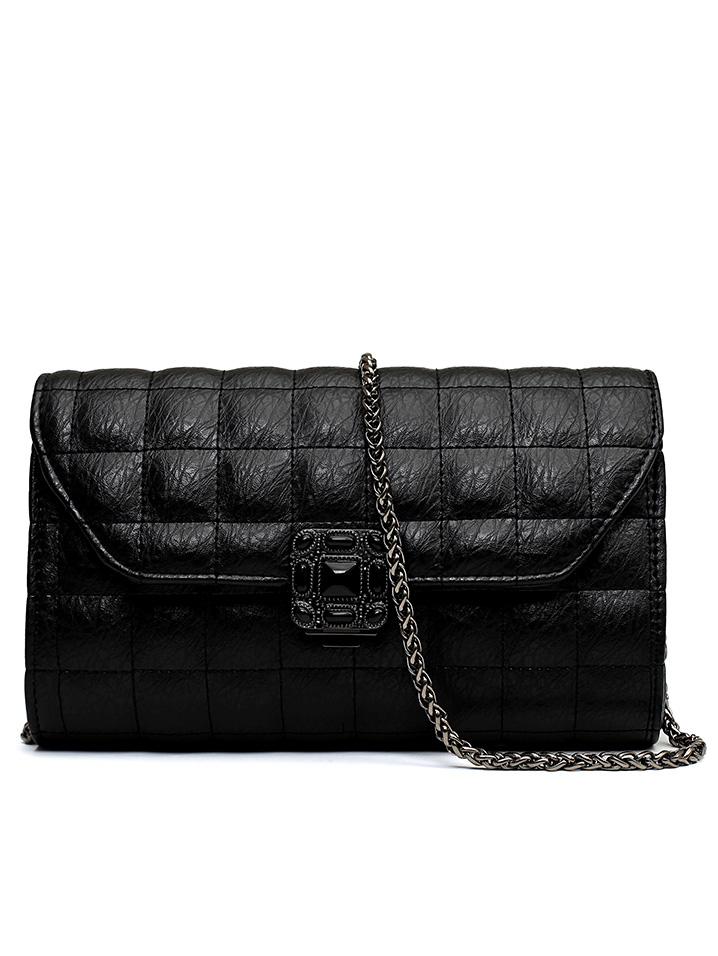 Romwe Square Quilting Rhinestone Closure Chain Bag