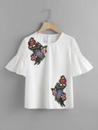 Romwe Embroidered Flower Applique Smocked Trumpet Sleeve Top