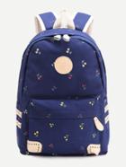 Romwe Blue Cherry Front Zipper Canvas Backpack