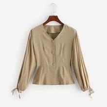 Romwe Single Breasted Knot Sleeve Solid Blouse