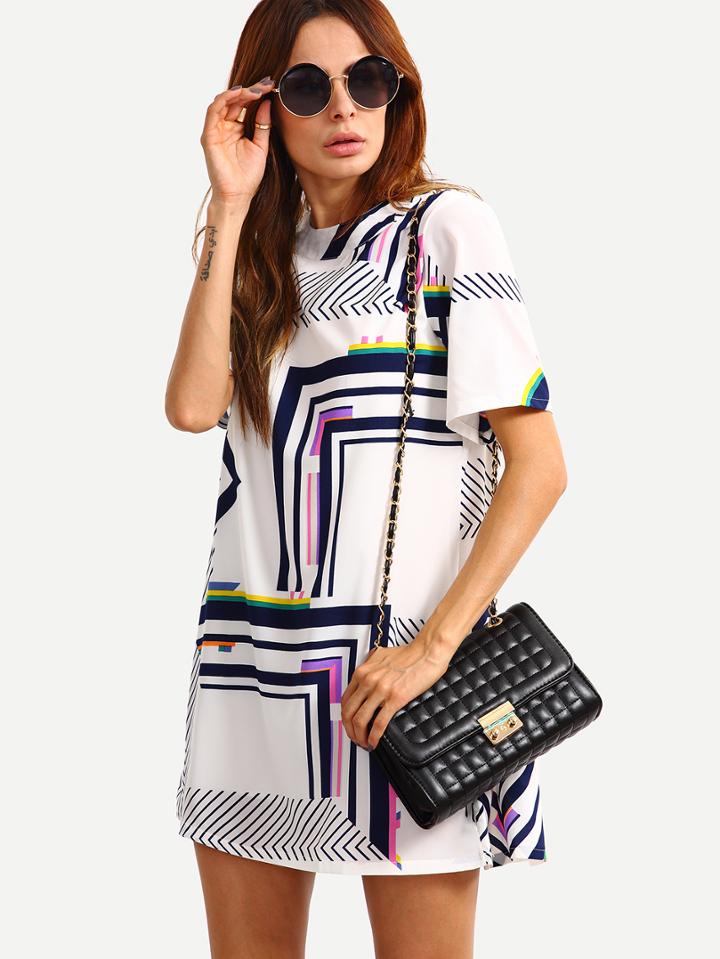 Romwe Pleated Back Multicolor Geometric Print Dress