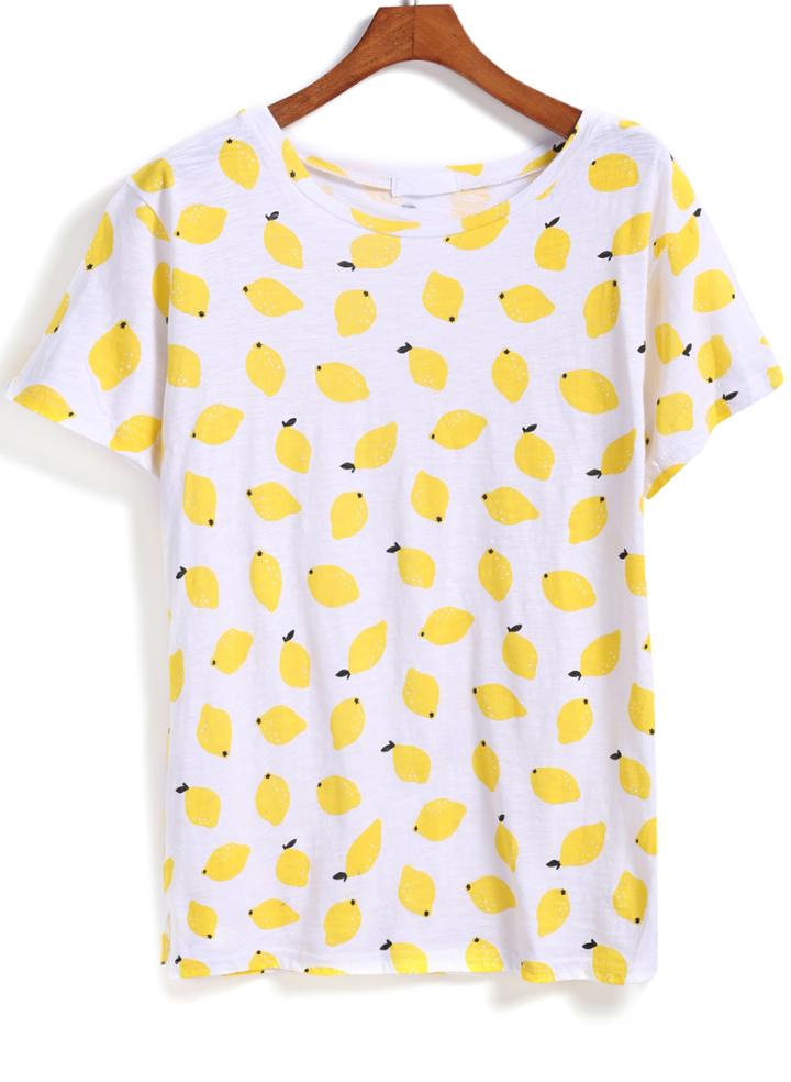 Romwe Yellow Short Sleeve Lemon Print T-shirt