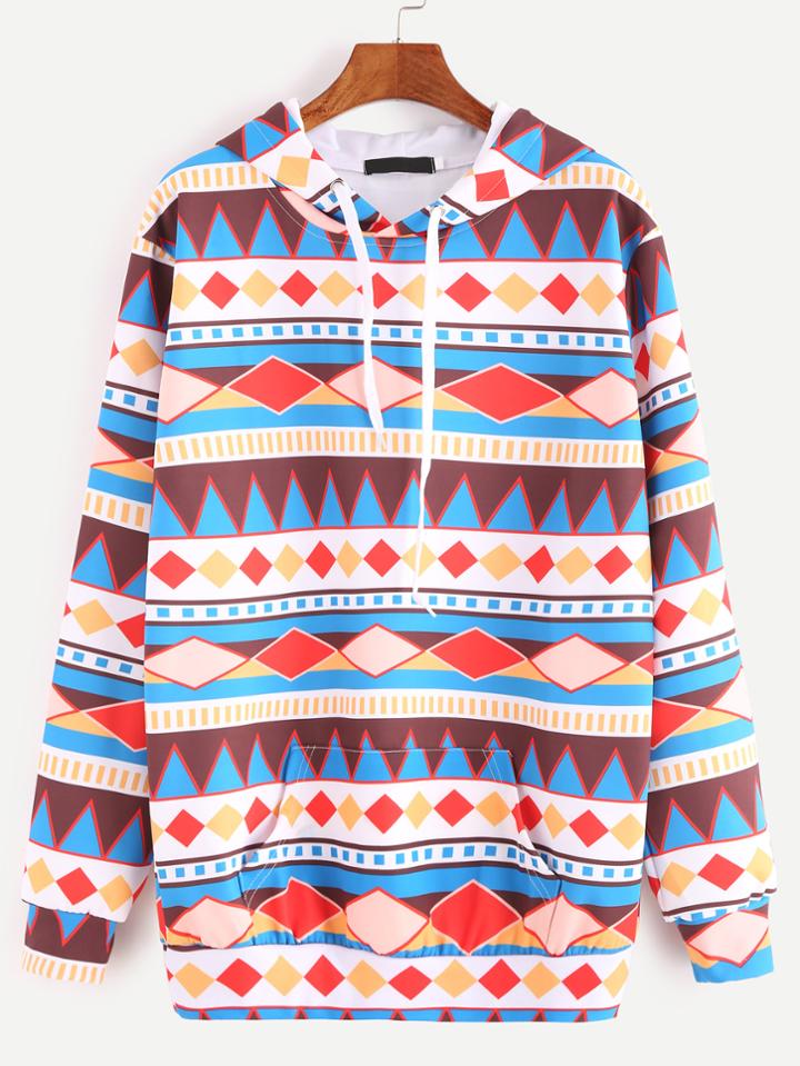 Romwe Multicolor Geometric Print Drawstring Pocket Hoodie