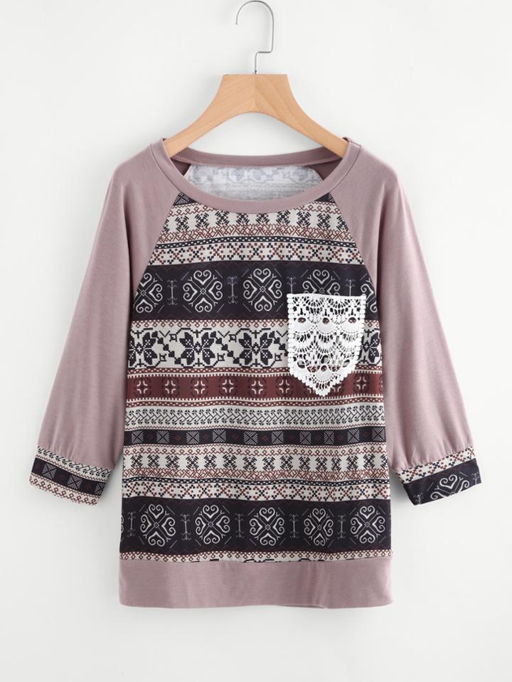 Romwe Raglan Sleeve Crochet Pocket Tribal Print T-shirt