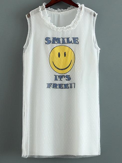Romwe White Smiling Face Print Ruffle Neck Sleeveless Dress