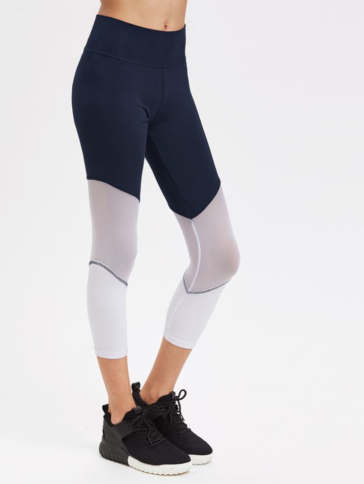 Romwe Wide Waistband Mesh Insert Paneled Leggings