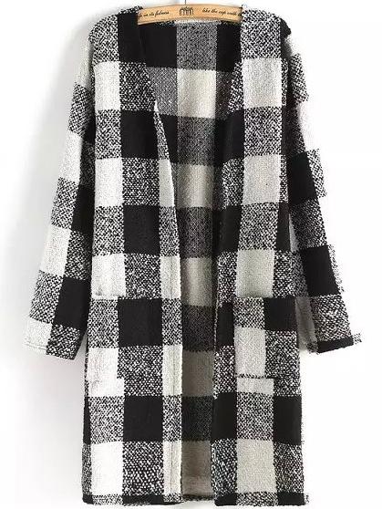 Romwe Plaid Pockets Black And White Coat