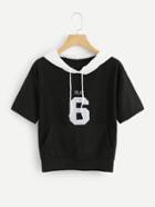 Romwe Number Embroidered Drawstring Hoodie