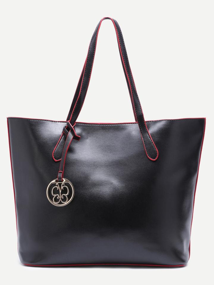 Romwe Black Pu Simple Tote Bag