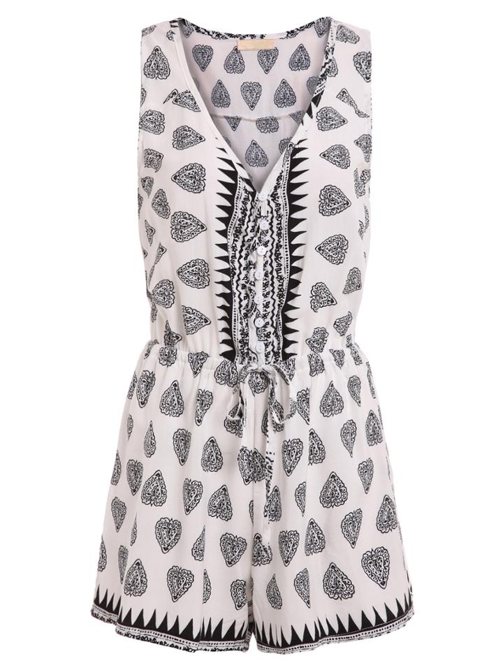 Romwe Buttoned Front Drawstring Waist Sleeveless Romper